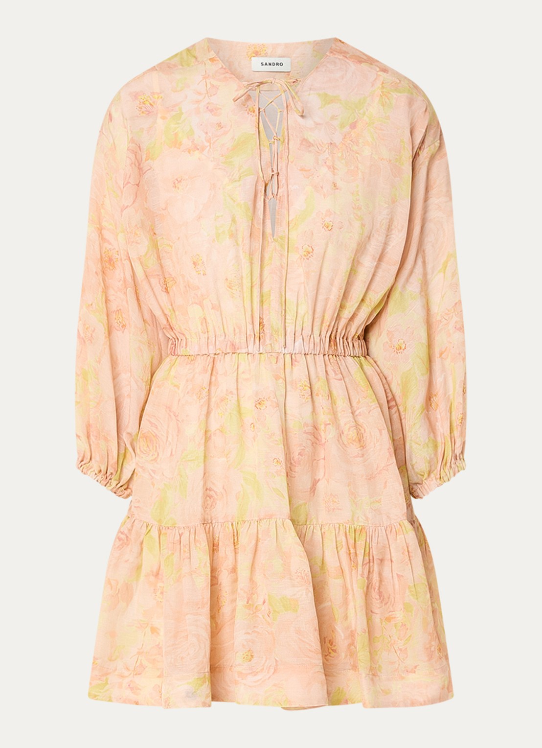 Sandro Mini jurk in linnenblend met print en ballonmouw - voorkant zalmroze