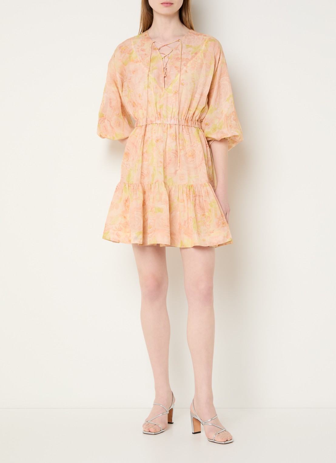 Sandro Mini jurk in linnenblend met print en ballonmouw - voorkant 2 zalmroze