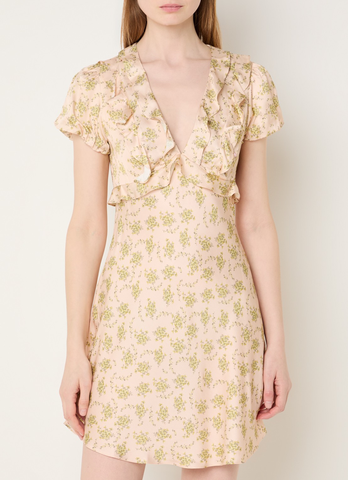 Sandro Mini jurk met bloemenprint en ruches - detail 3 lichtroze
