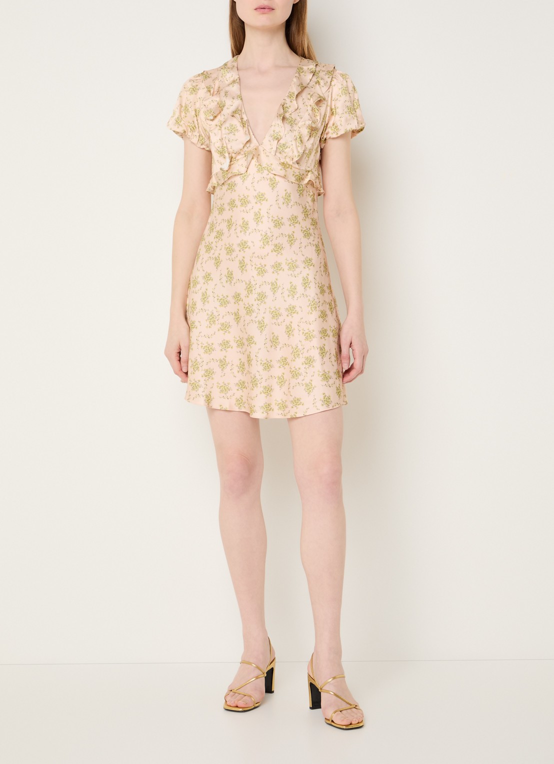 Sandro Mini jurk met bloemenprint en ruches - voorkant 2 lichtroze