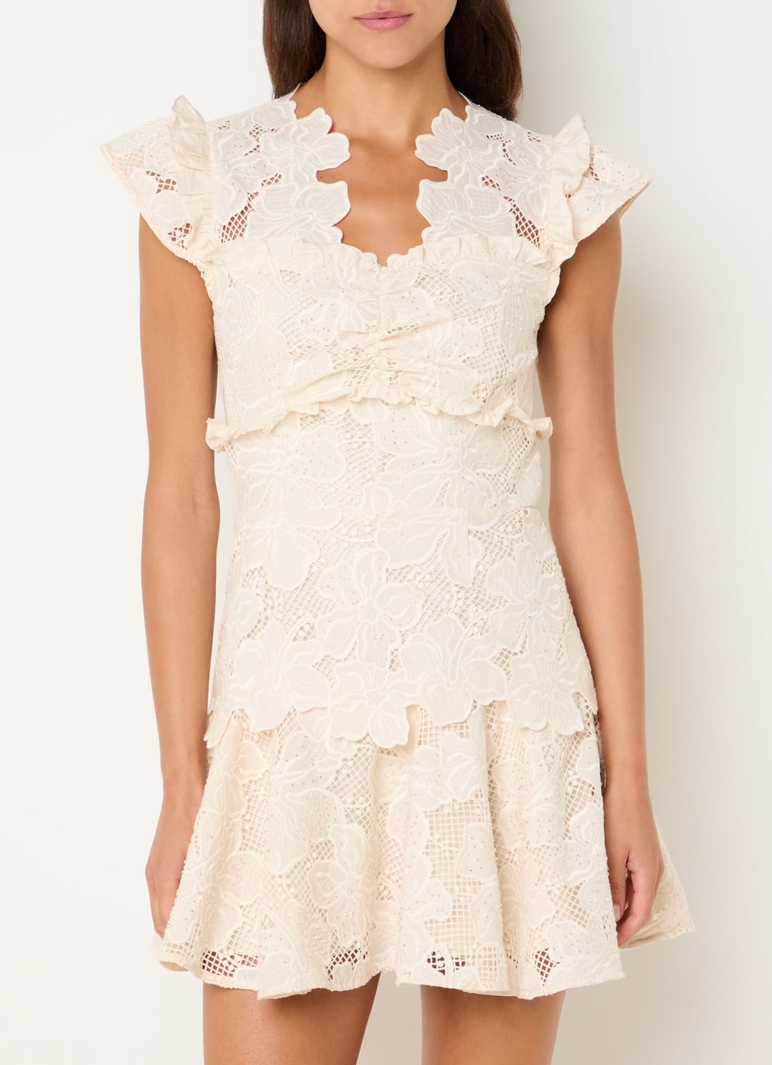 Sandro Mini jurk met broderie en strass - detail beige