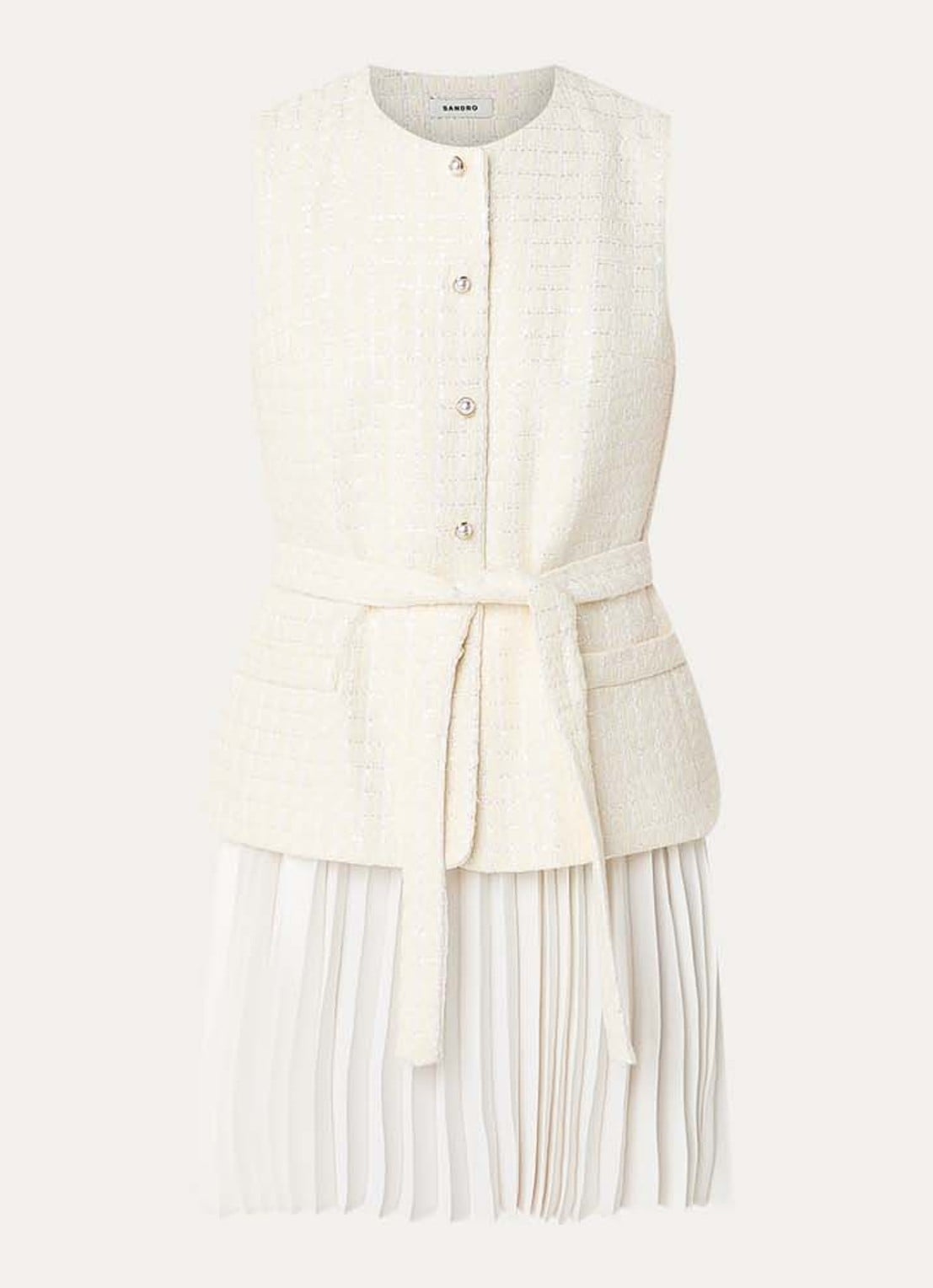 Sandro Mini jurk met pailletten en ceintuur - voorkant creme