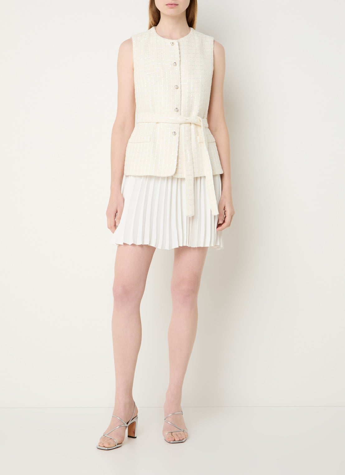 Sandro Mini jurk met pailletten en ceintuur - voorkant 2 creme