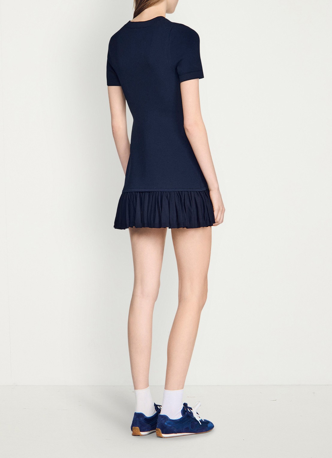 Sandro Mini jurk met ronde hals en ruches - achterkant 6 donkerblauw