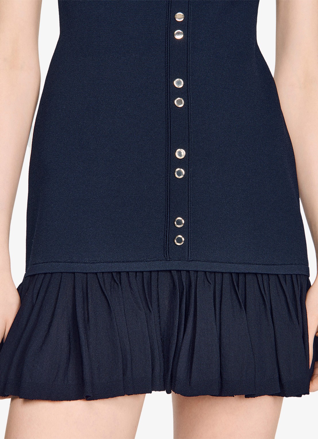 Sandro Mini jurk met ronde hals en ruches - detail 2 donkerblauw