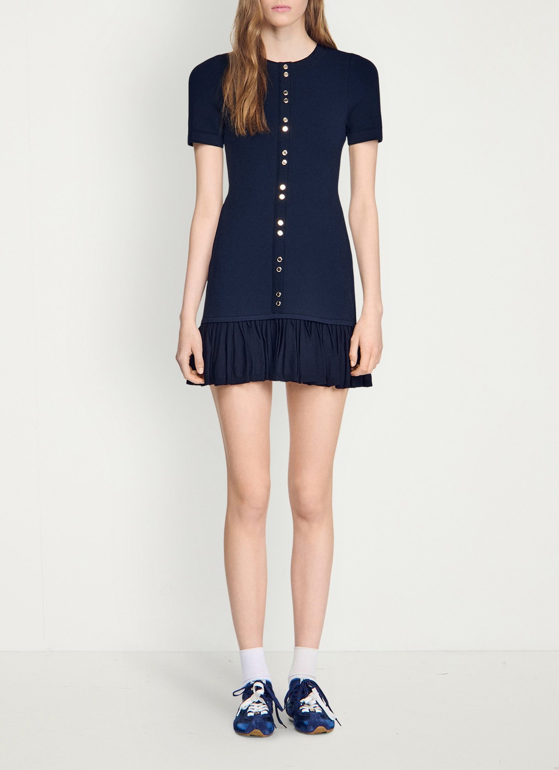 Sandro Mini jurk met ronde hals en ruches - detail 3 donkerblauw