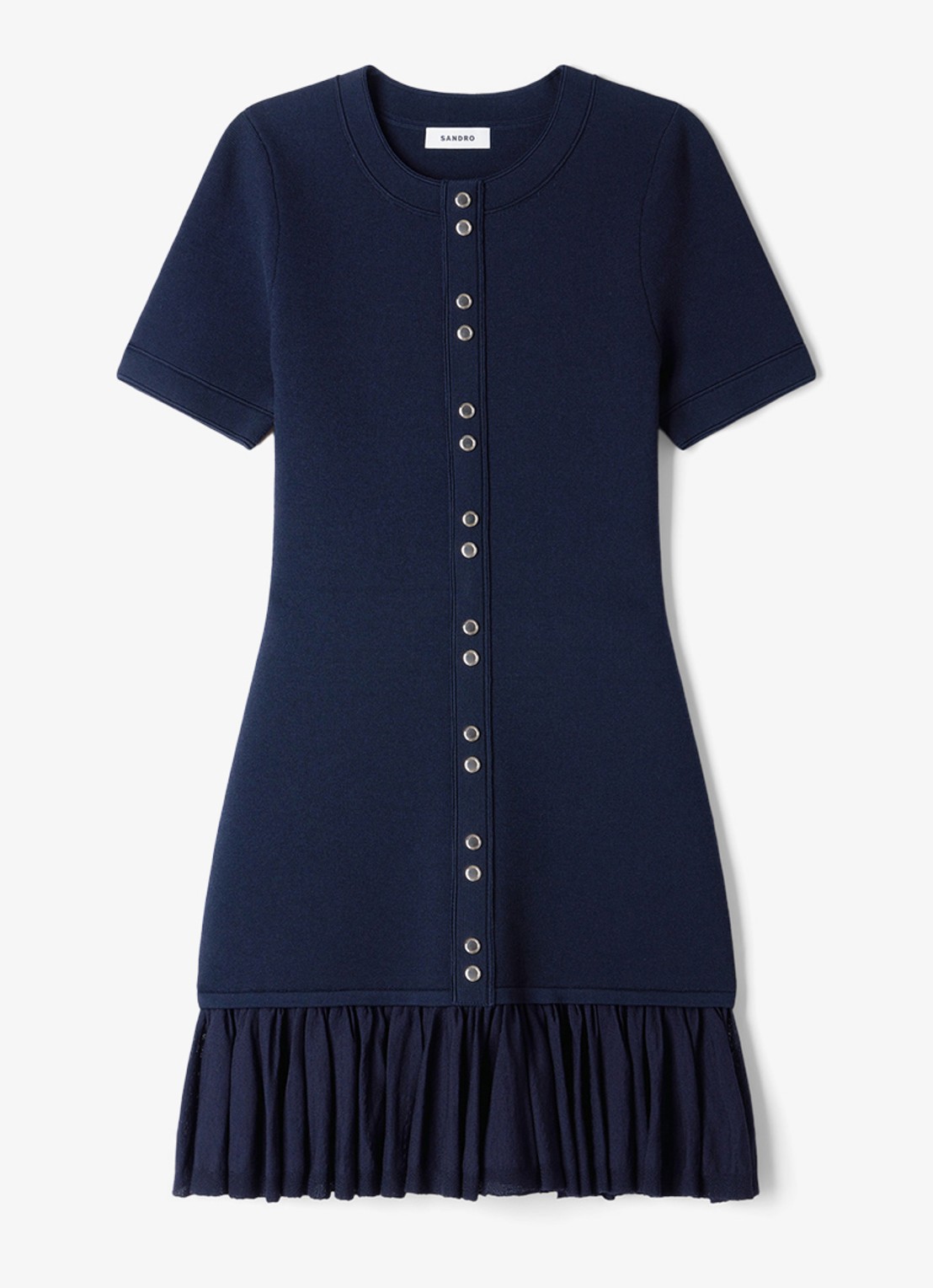 Sandro Mini jurk met ronde hals en ruches - voorkant 4 donkerblauw