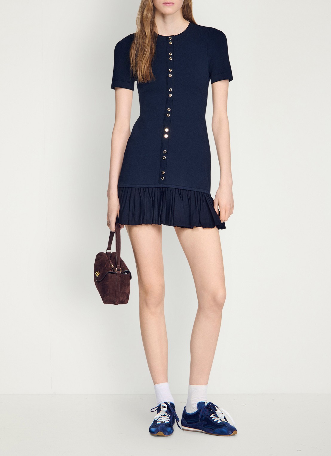 Sandro Mini jurk met ronde hals en ruches - voorkant 5 donkerblauw