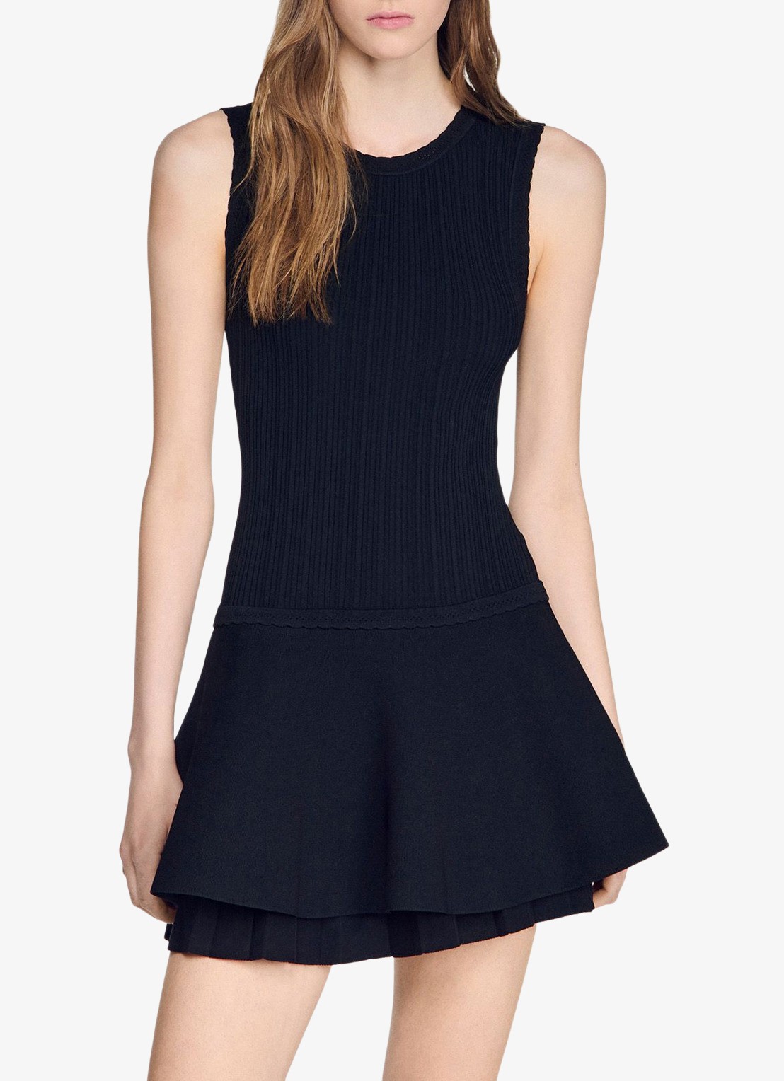Sandro Mini jurk met volant en ronde hals - detail 4 black / zwart