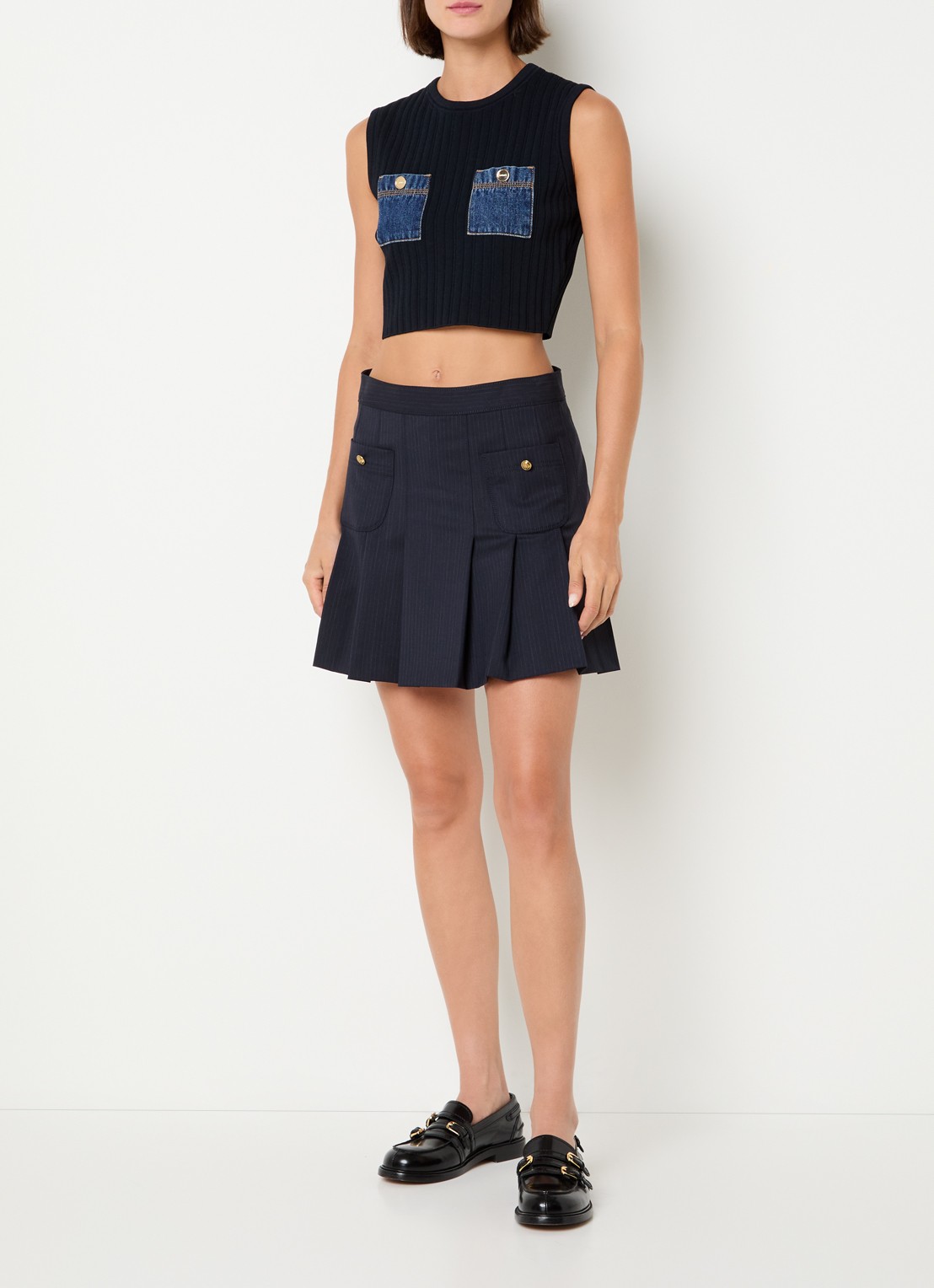 Sandro Mini plooirok in wolblend met streepprint - voorkant 2 donkerblauw