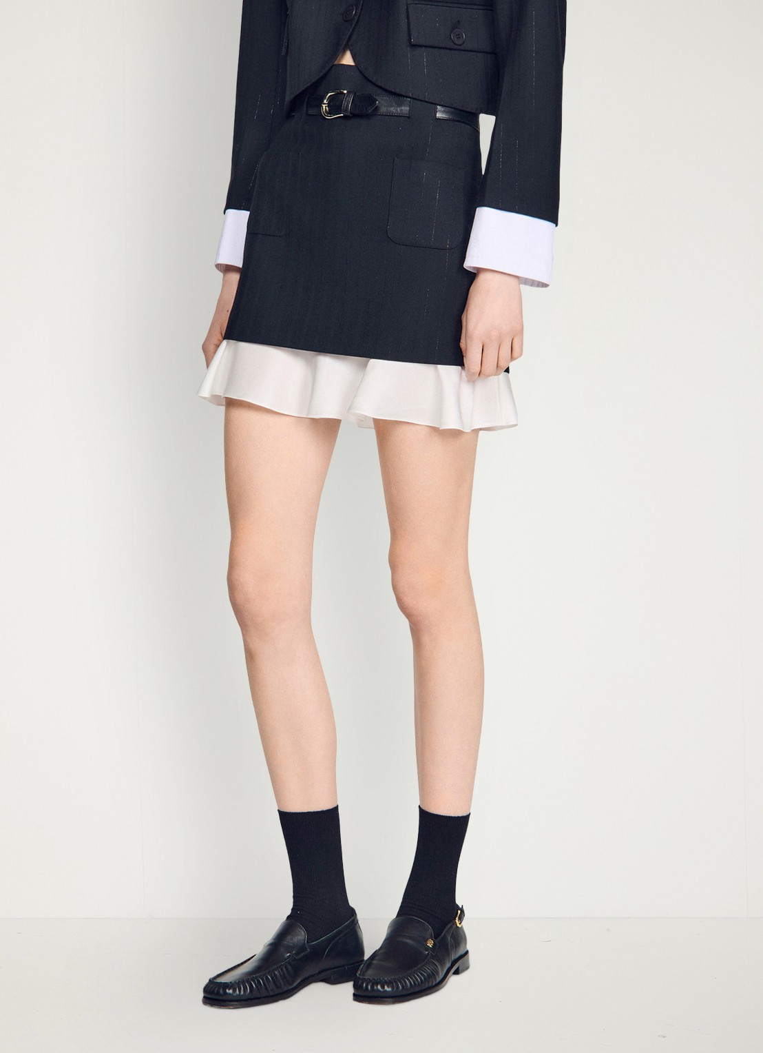 Sandro Mini rok met krijtstreep en riem - detail zwart
