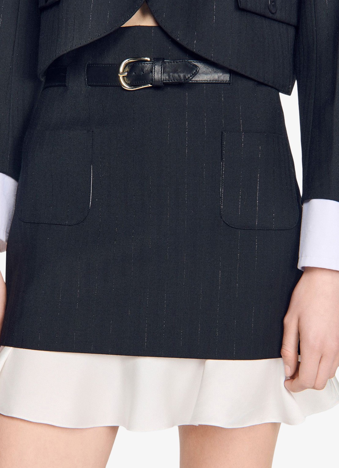Sandro Mini rok met krijtstreep en riem - detail 3 zwart