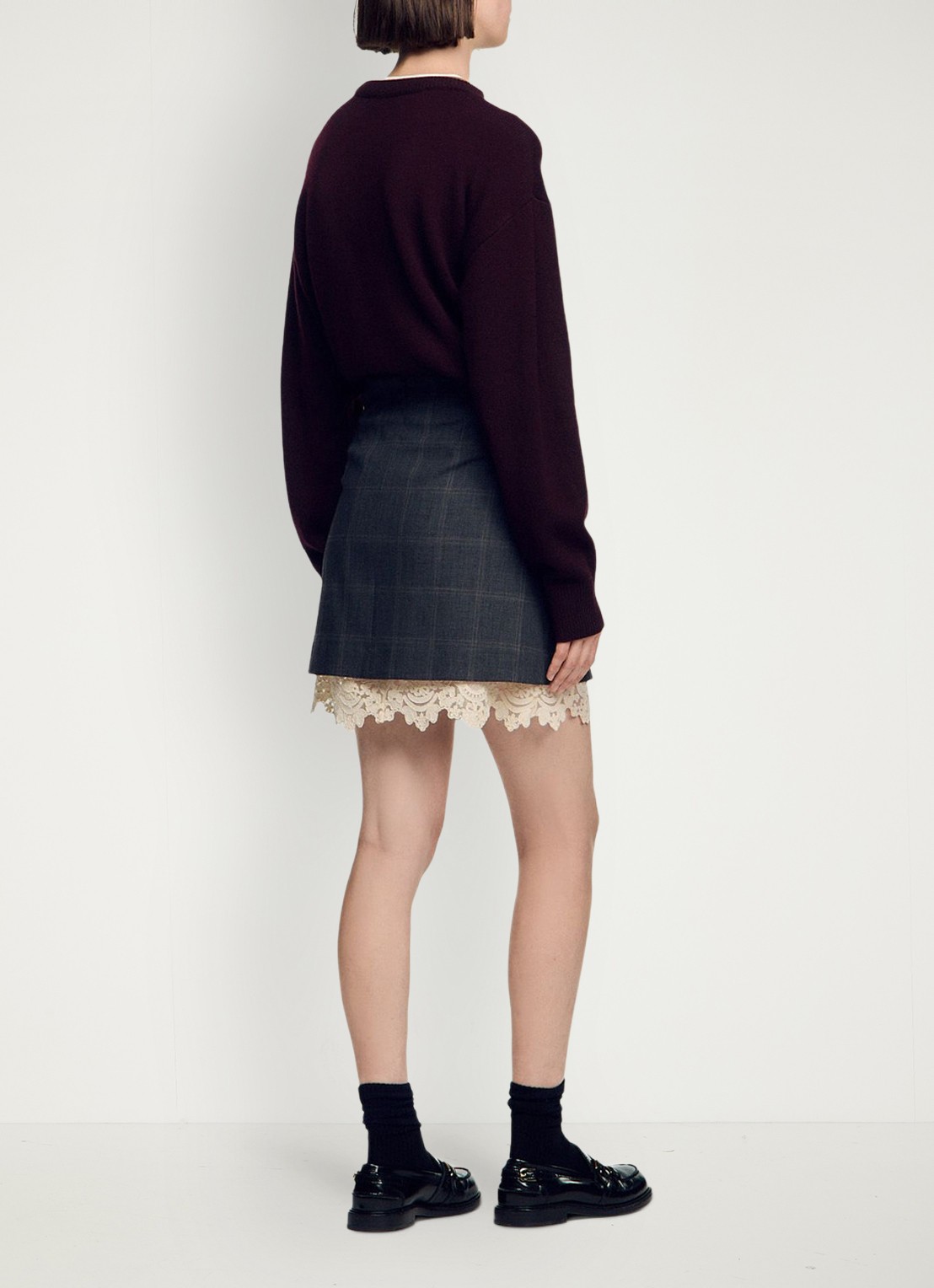 Sandro Mini rok met ruitdessin en details van kant - achterkant 4 grijs
