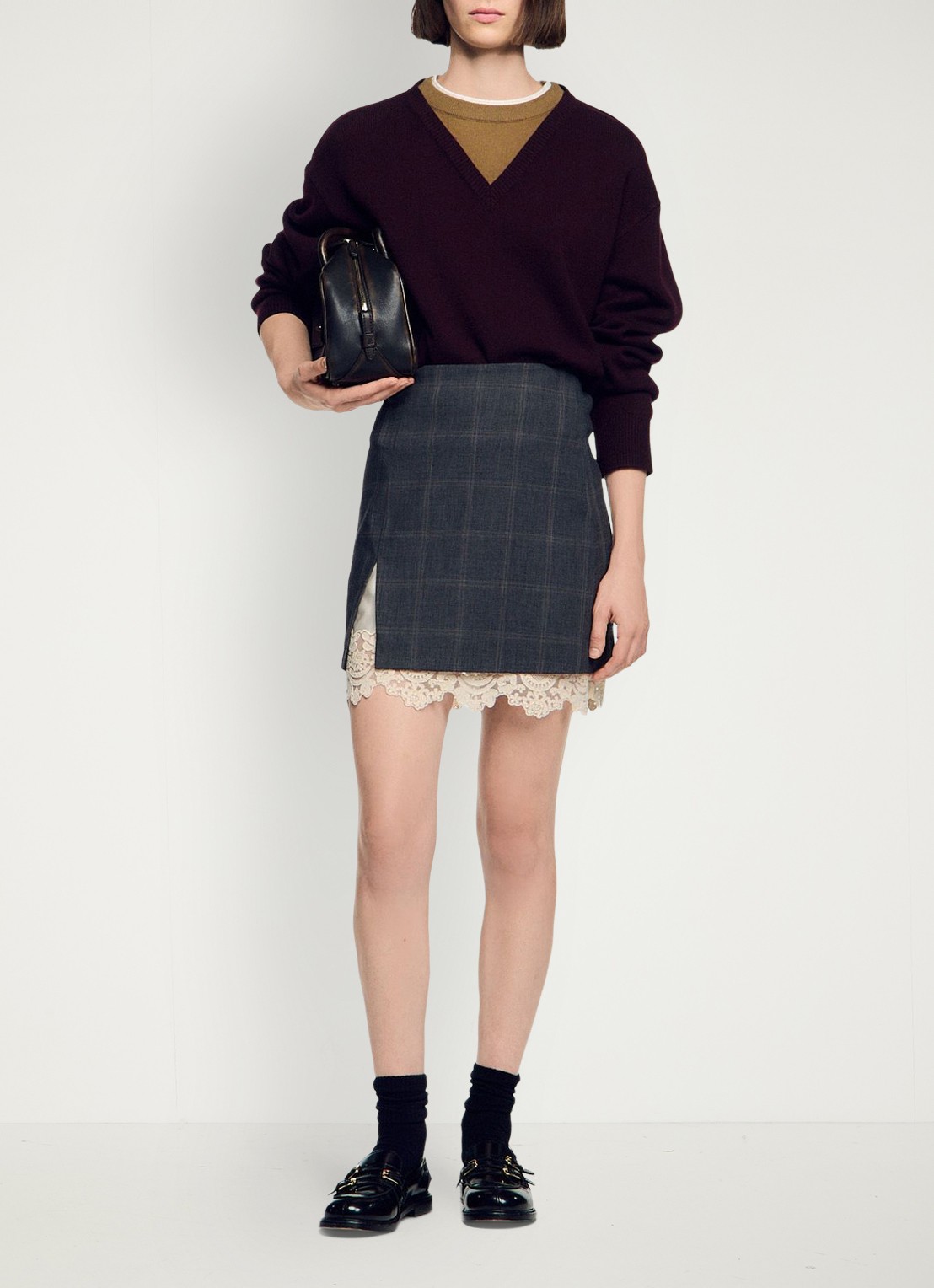 Sandro Mini rok met ruitdessin en details van kant - detail 2 grijs