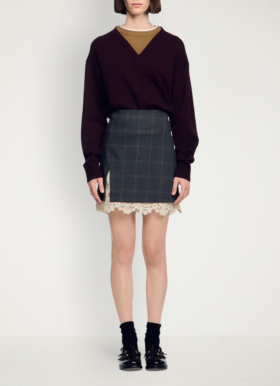Sandro Mini rok met ruitdessin en details van kant - voorkant 6 grijs