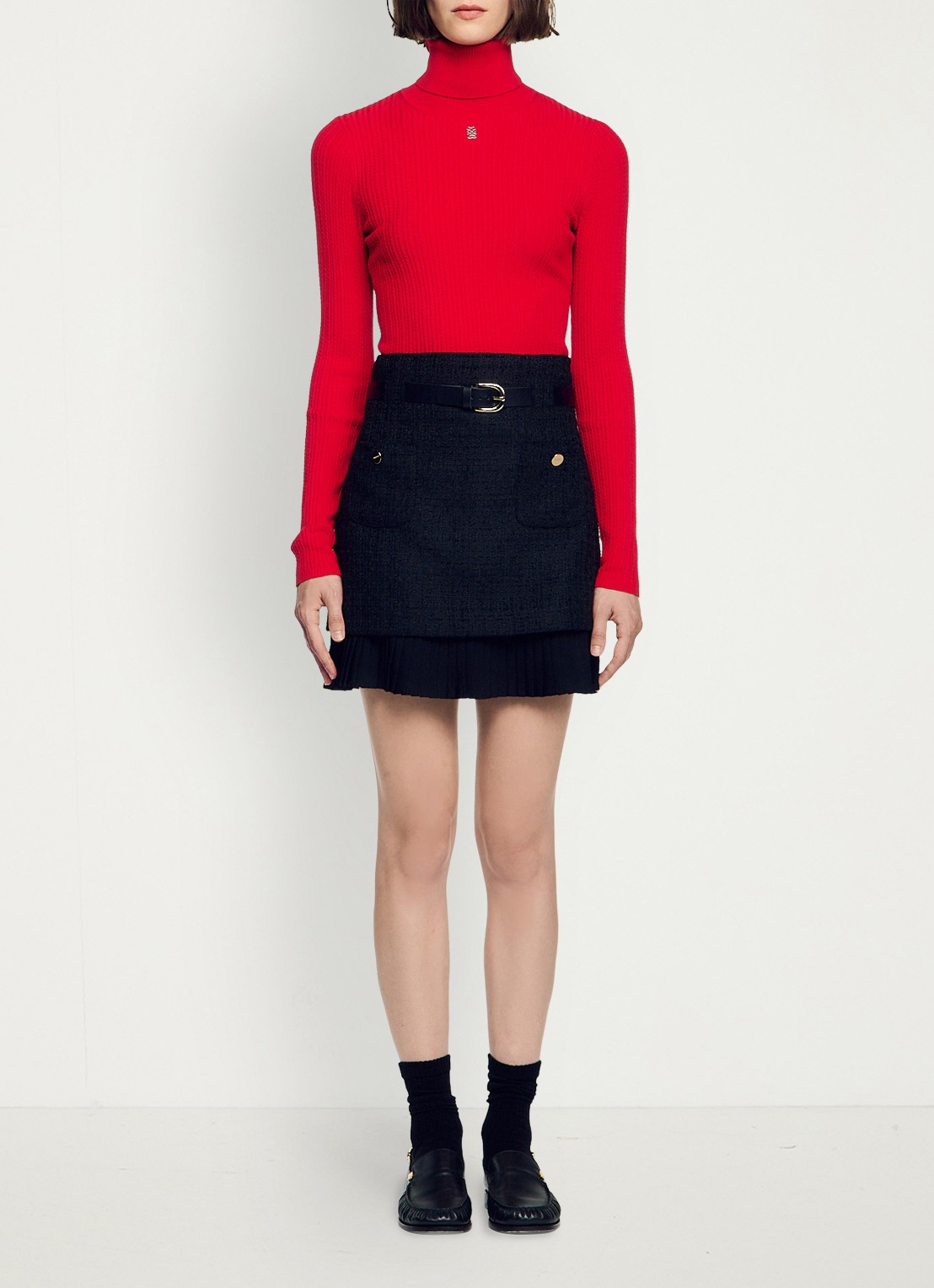 Sandro Mini rok met tweed-look - voorkant 2 black / zwart