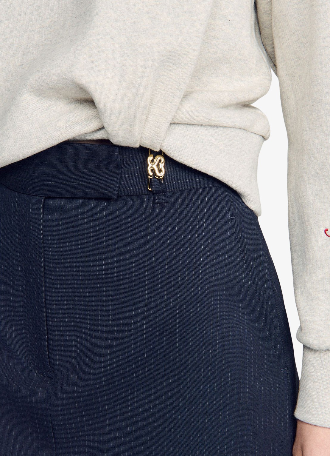 Sandro Minirok in wolblend met krijtstreep - detail 3 donkerblauw