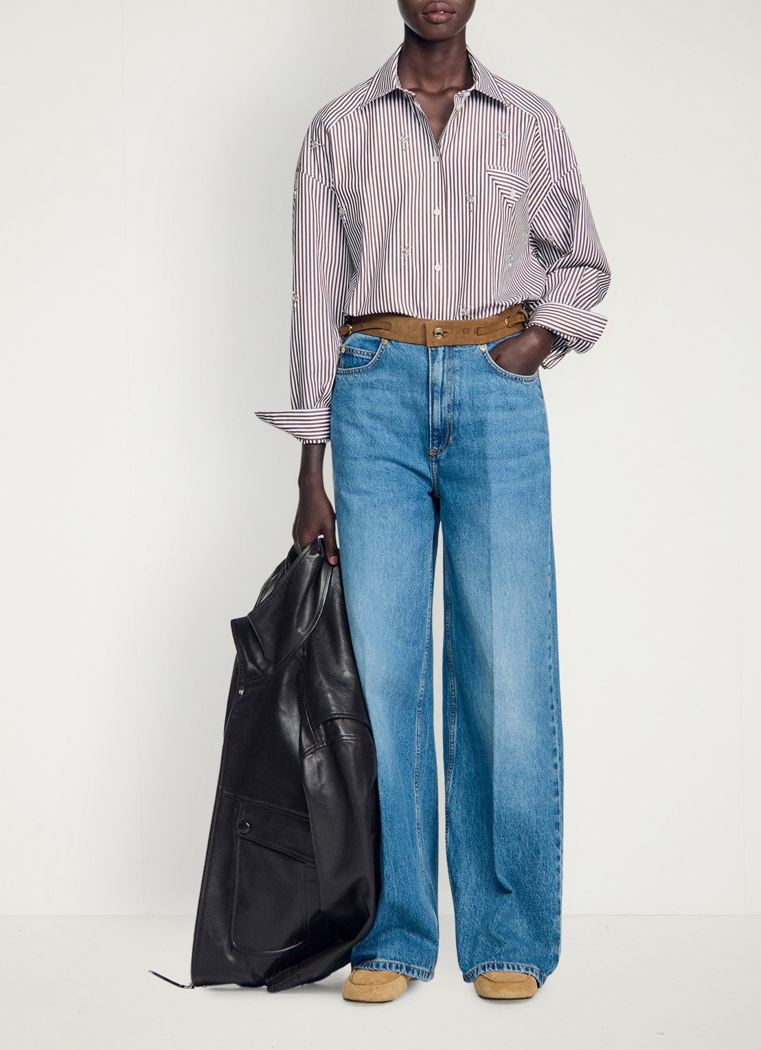 Sandro Oversized blouse met streepprint - detail 5 brown / bruin