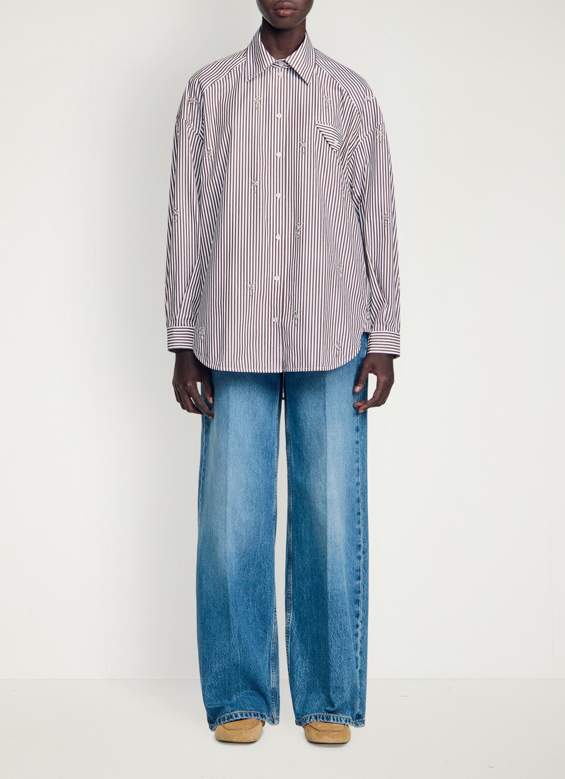 Sandro Oversized blouse met streepprint - voorkant 2 brown / bruin