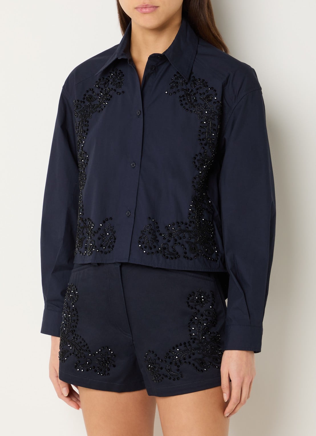 Sandro Oversized cropped blouse met strass - detail 4 donkerblauw