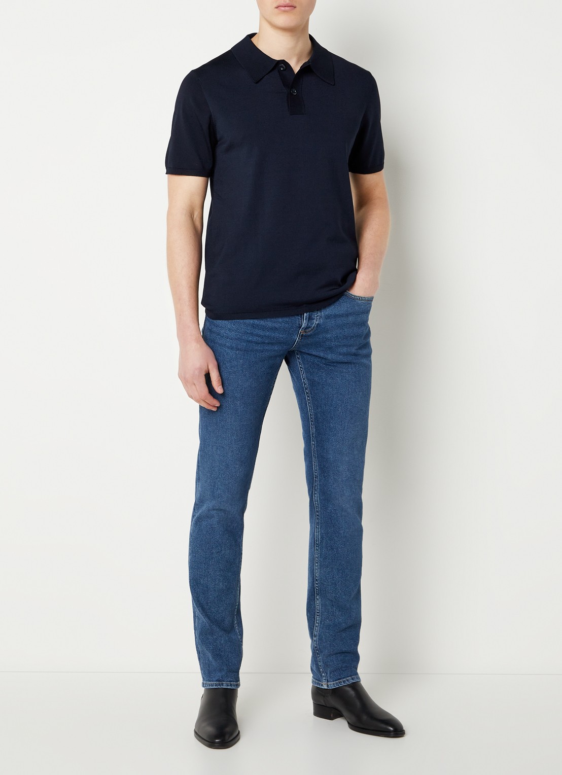 Sandro Regular fit fijngebreide polo met stretch  - voorkant 4 donkerblauw