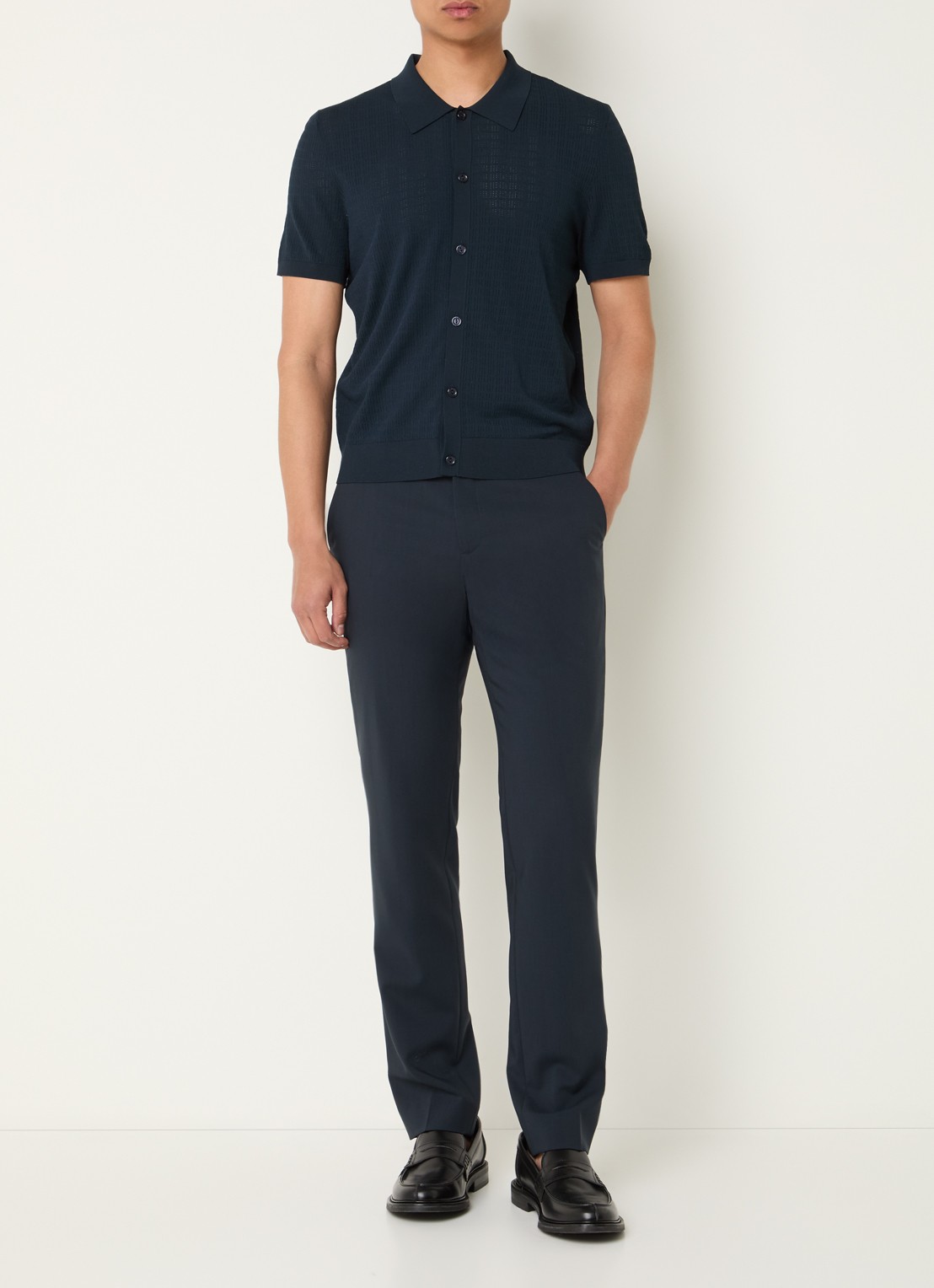 Sandro Regular fit overhemd met opengewerkt dessin - voorkant 2 donkerblauw