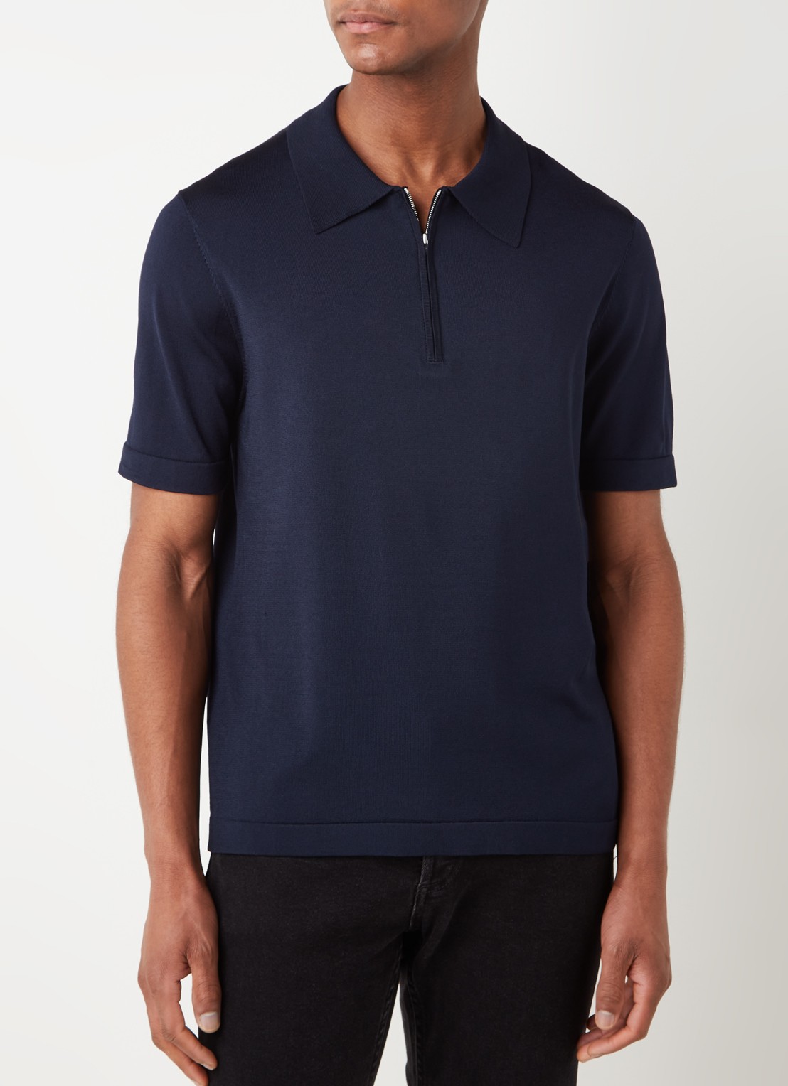 Sandro Regular fit polo met halve rits  - detail donkerblauw