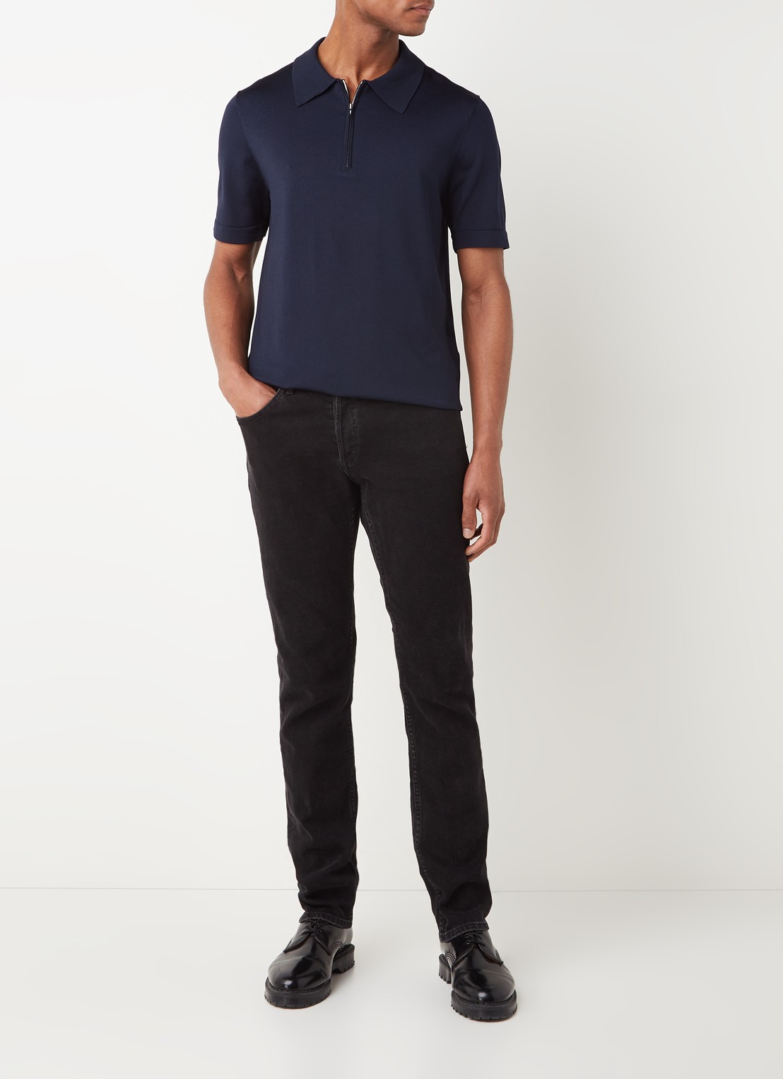 Sandro Regular fit polo met halve rits  - voorkant 4 donkerblauw