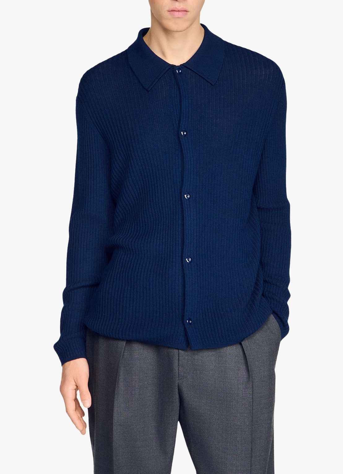 Sandro Ribgebreid vest in wolblend met V-hals - detail 4 royalblauw