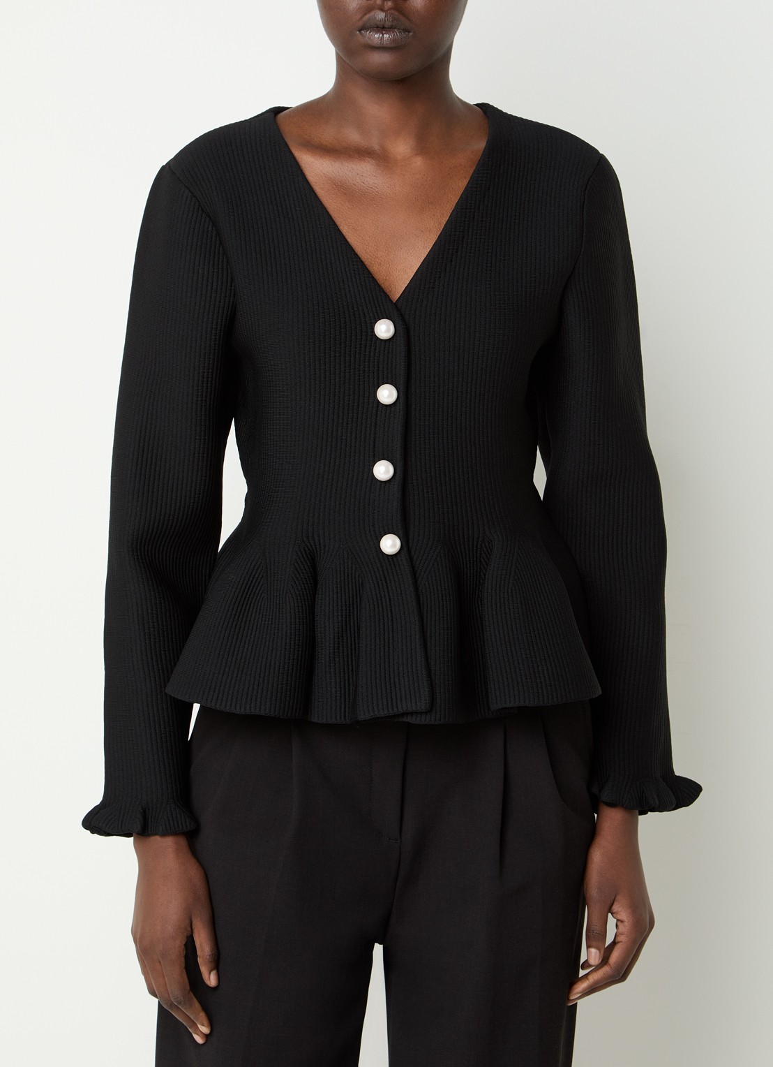 Sandro Ribgebreid vest met imitatieparels en volant - detail 4 zwart