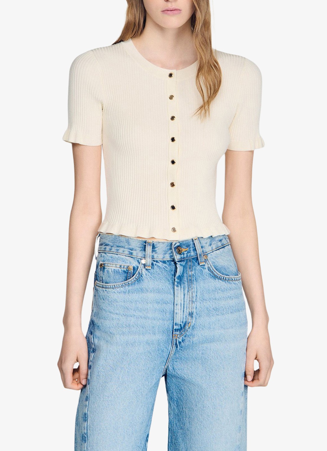 Sandro Ribgebreid vest met volants - detail 2 beige
