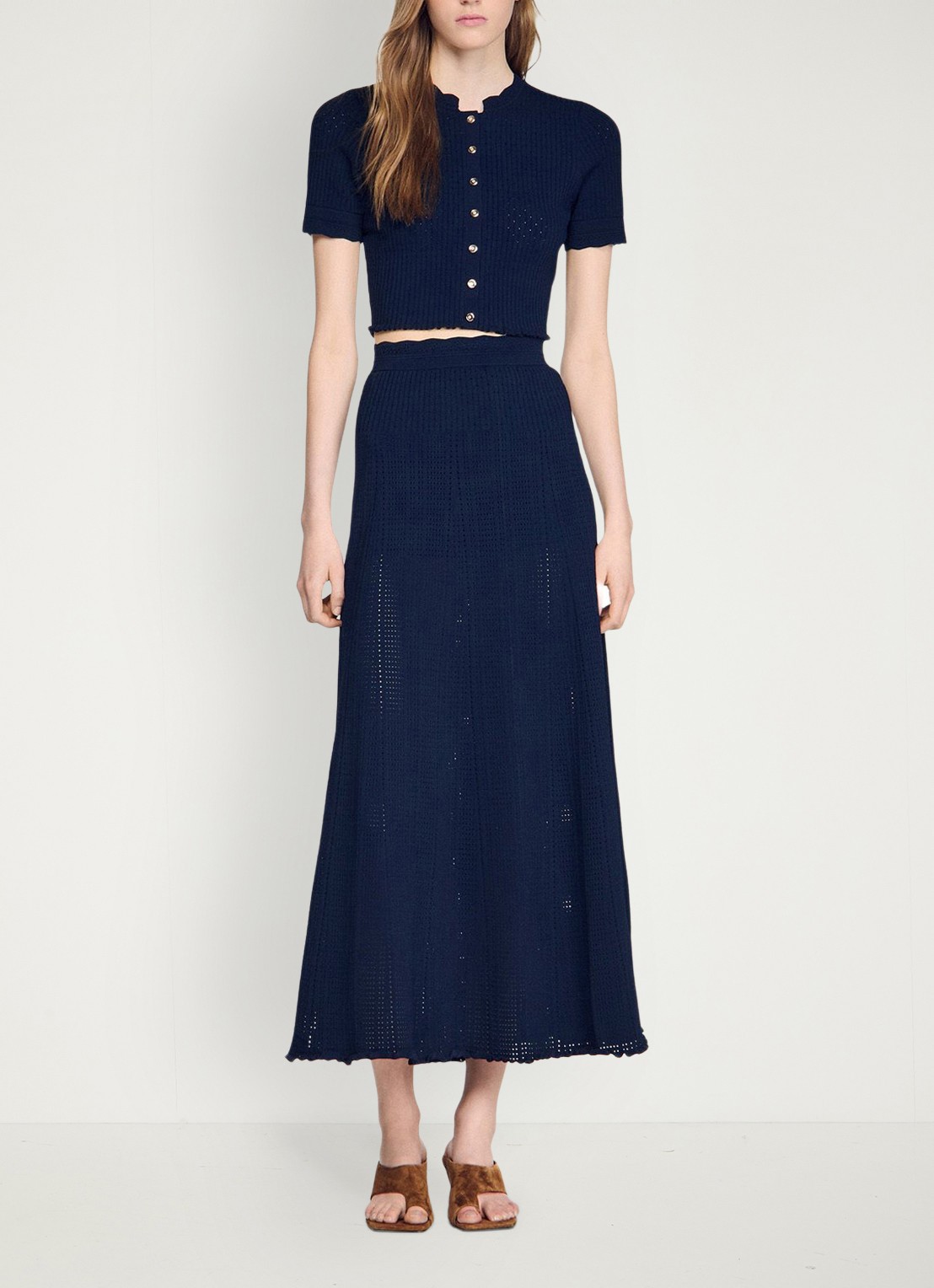 Sandro Ribgebreide maxi rok met opengewerkt dessin - voorkant 6 blauw