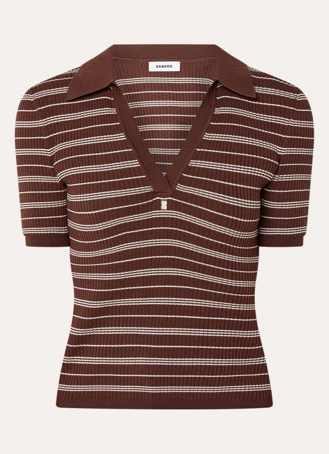 Sandro Ribgebreide polo met streepprint - voorkant bruin