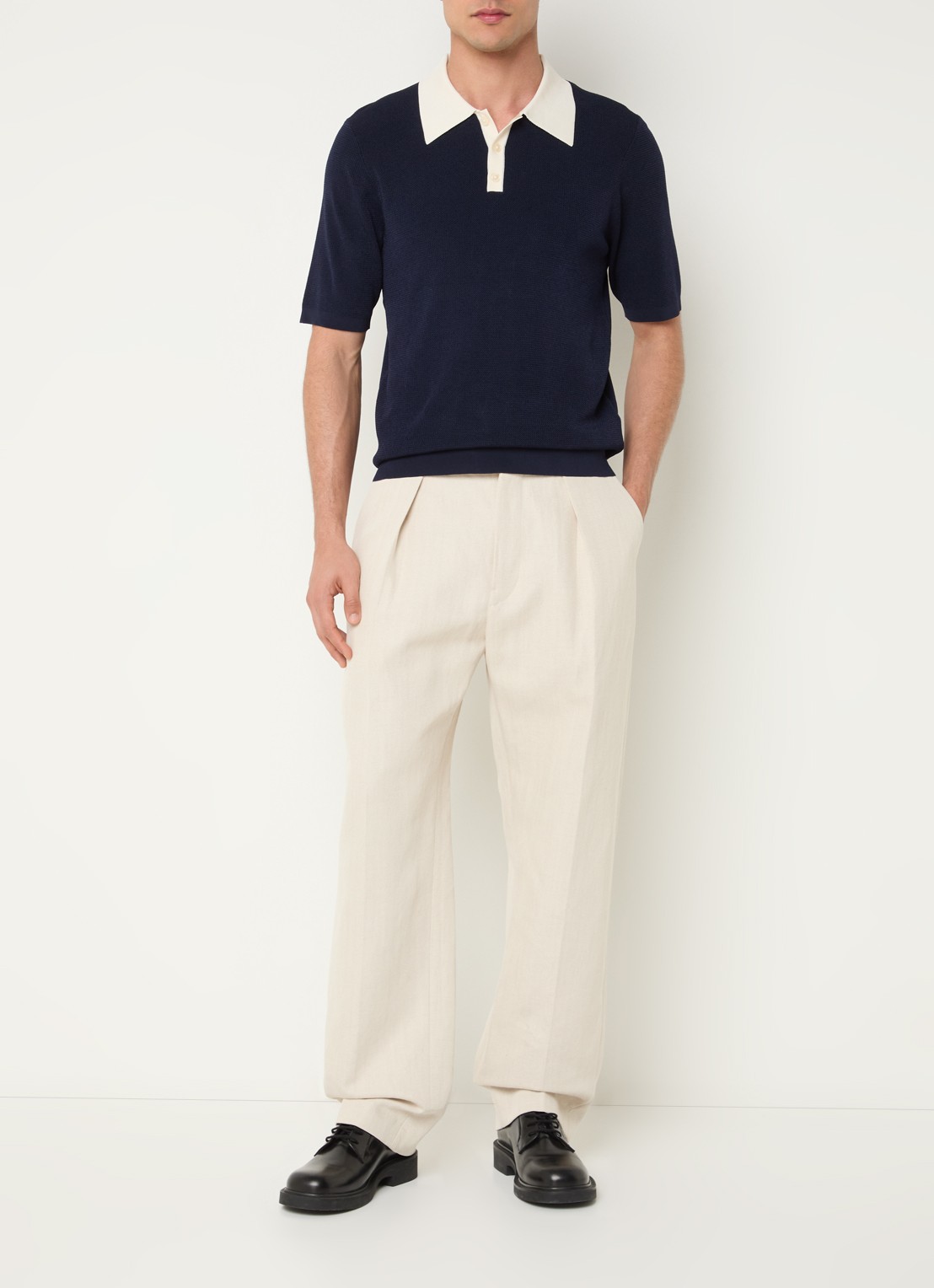 Sandro Ribgebreide slim fit polo - voorkant 3 donkerblauw