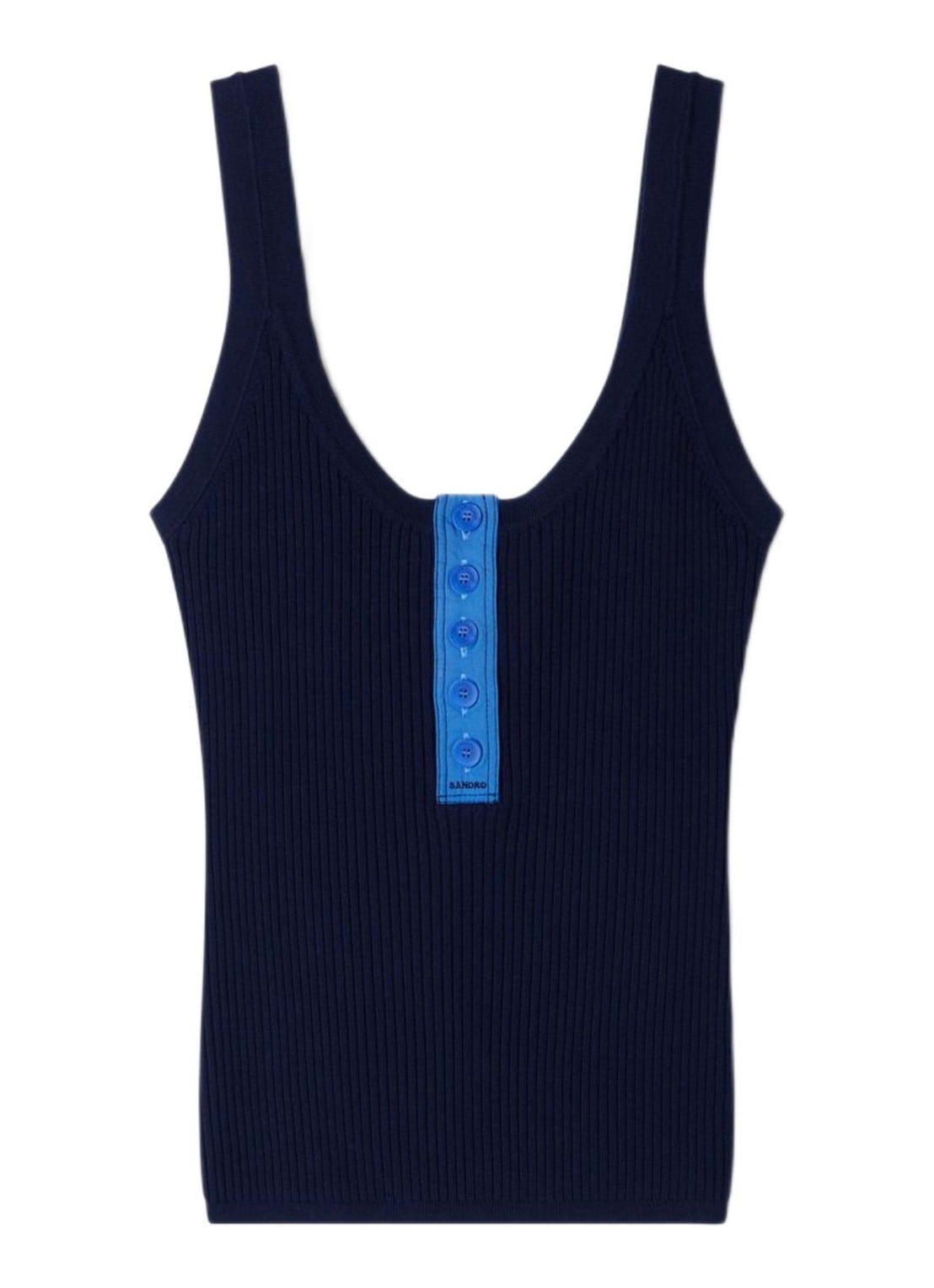 Sandro Ribgebreide tanktop in zijdeblend met knoopdetail - voorkant 2 blauw