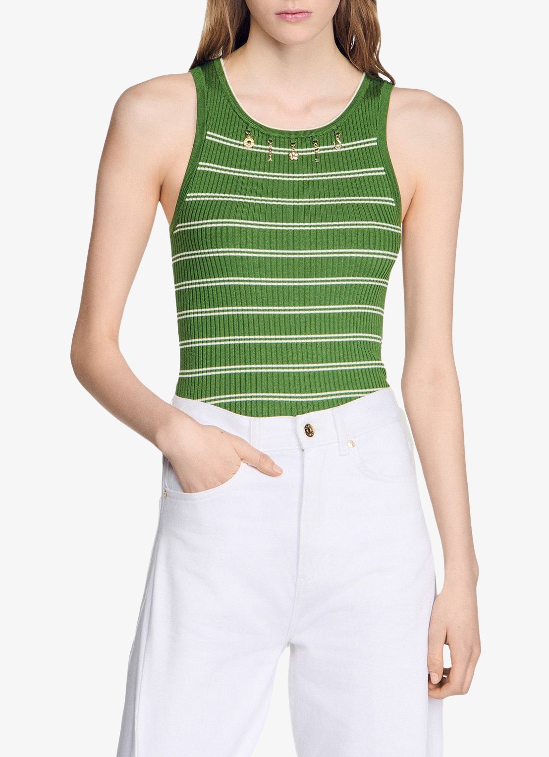 Sandro Ribgebreide tanktop in zijdeblend met streepprint en decoratie - detail 4 groen