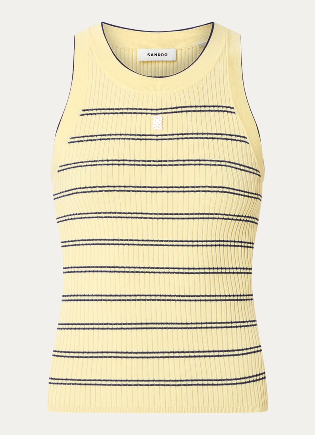 Sandro Ribgebreide tanktop  met streepprint - voorkant geel