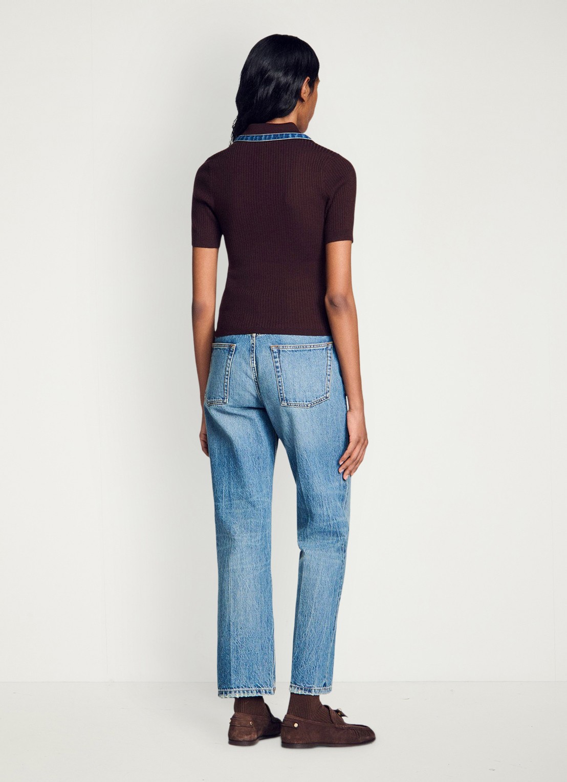 Sandro Ribgebreide top in wolblend met details van denim - achterkant 4 bruin