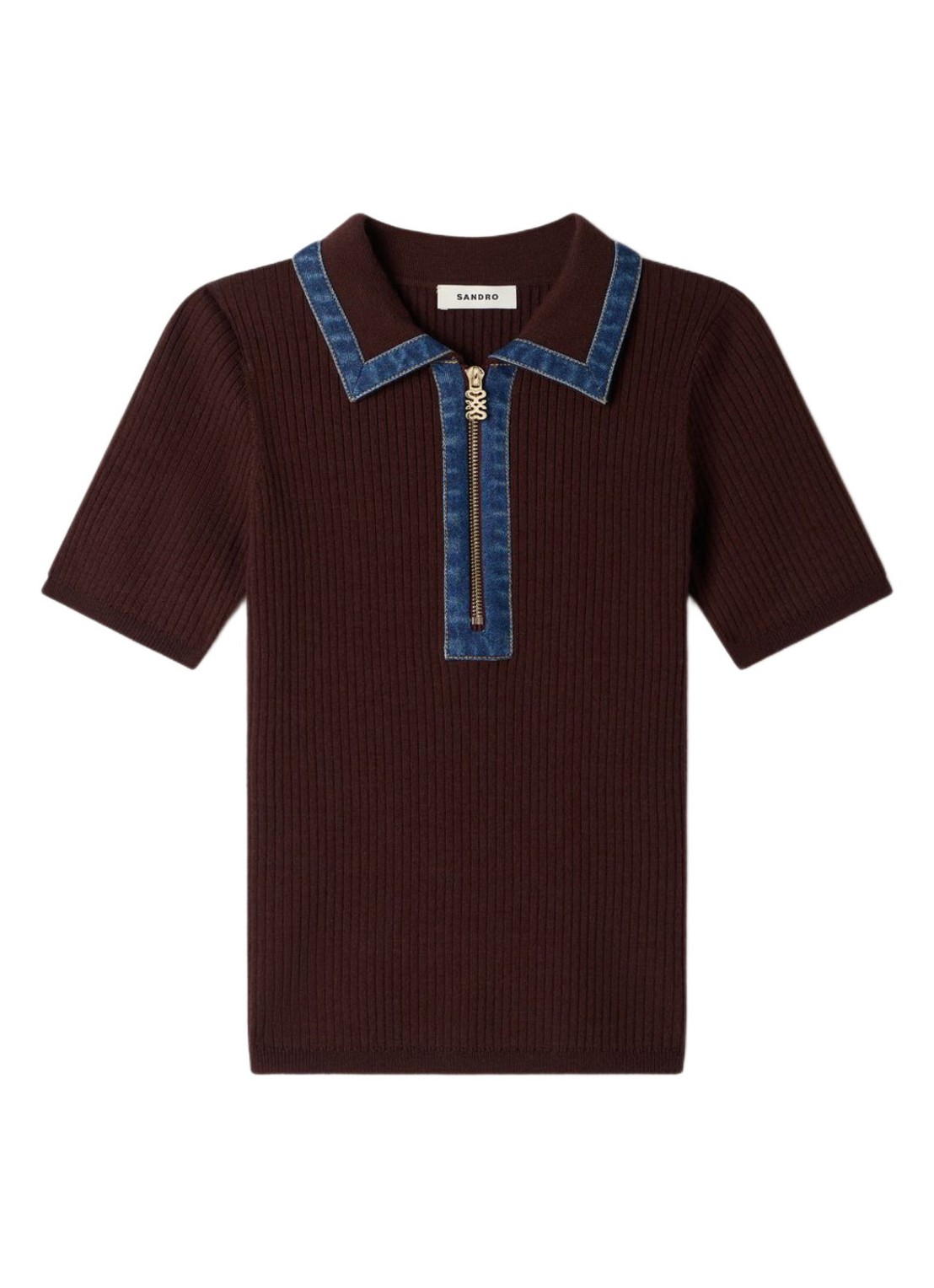 Sandro Ribgebreide top in wolblend met details van denim - voorkant 5 bruin