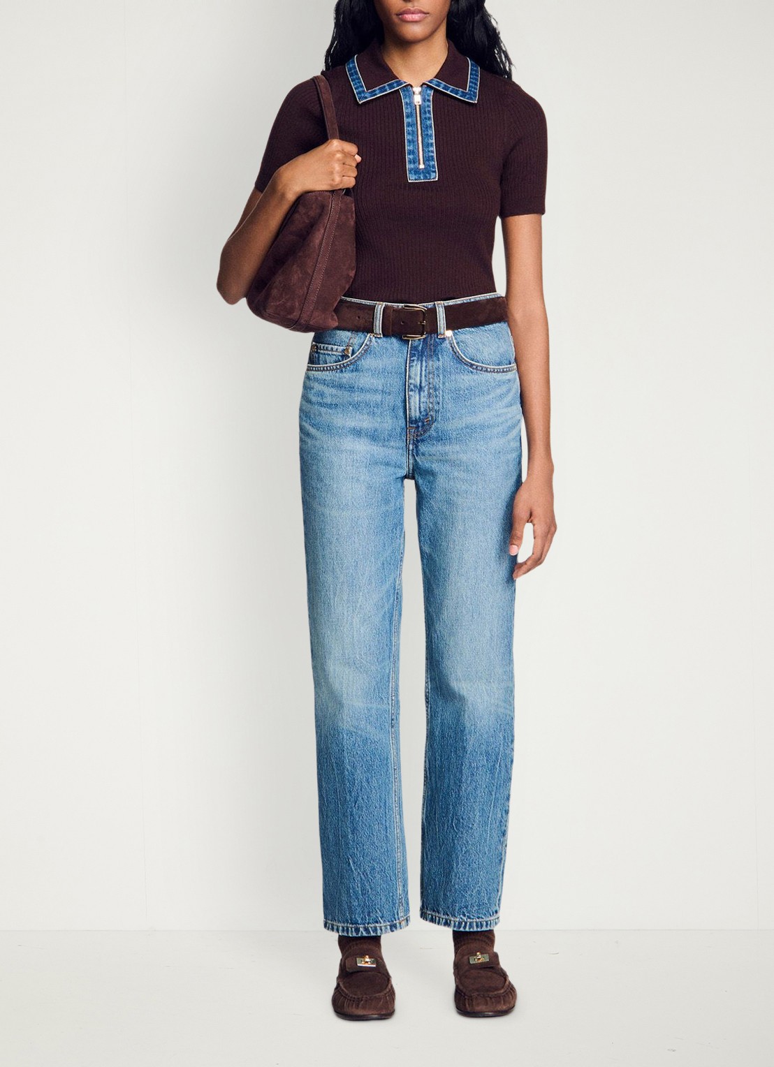 Sandro Ribgebreide top in wolblend met details van denim - voorkant 6 bruin