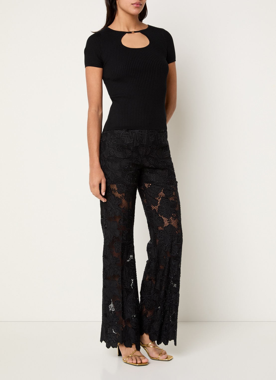 Sandro Ribgebreide top in zijdeblend met cut-out detail - voorkant 4 zwart