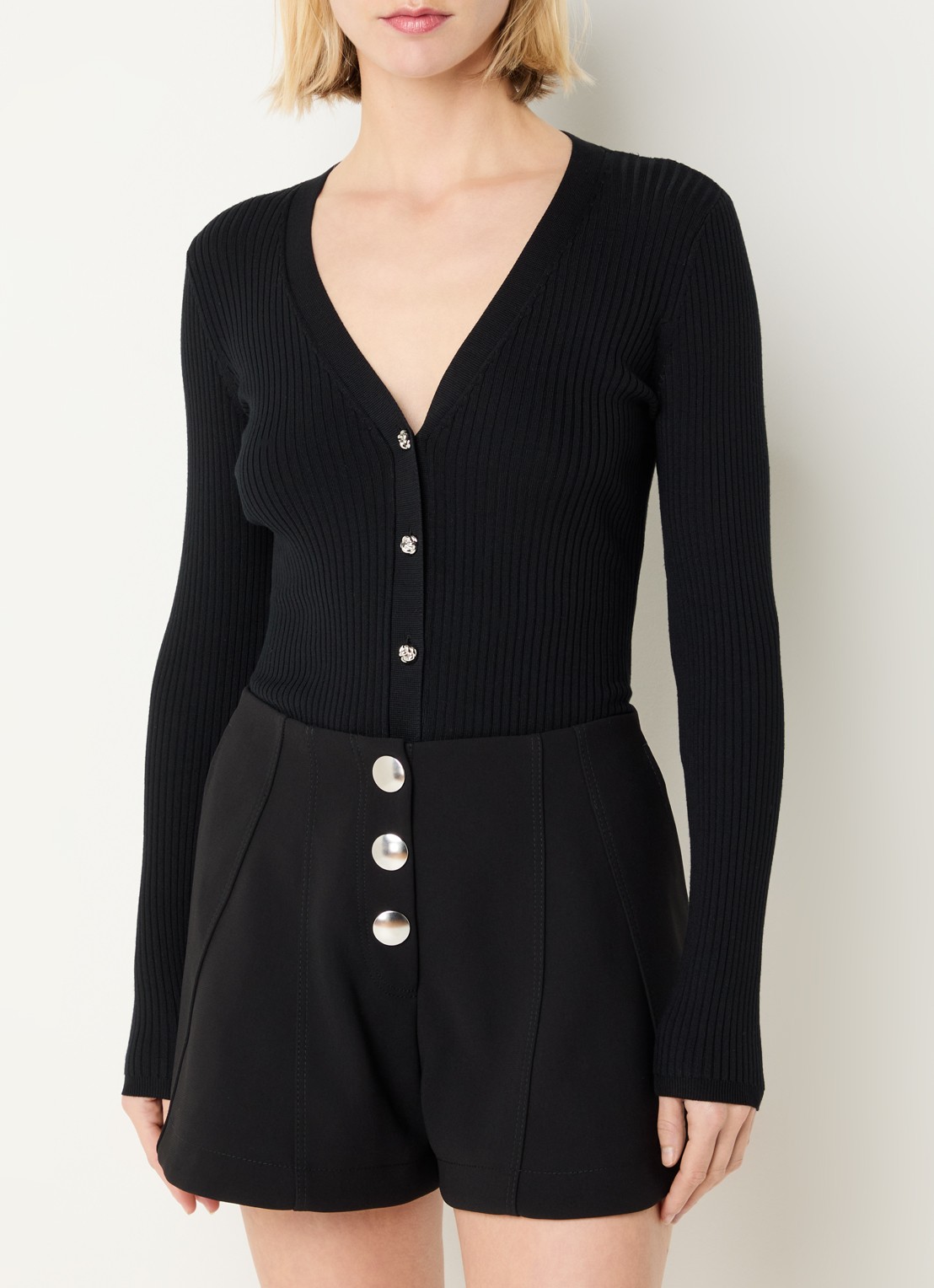 Sandro Ribgebreide top in zijdeblend met V-hals - detail 4 zwart