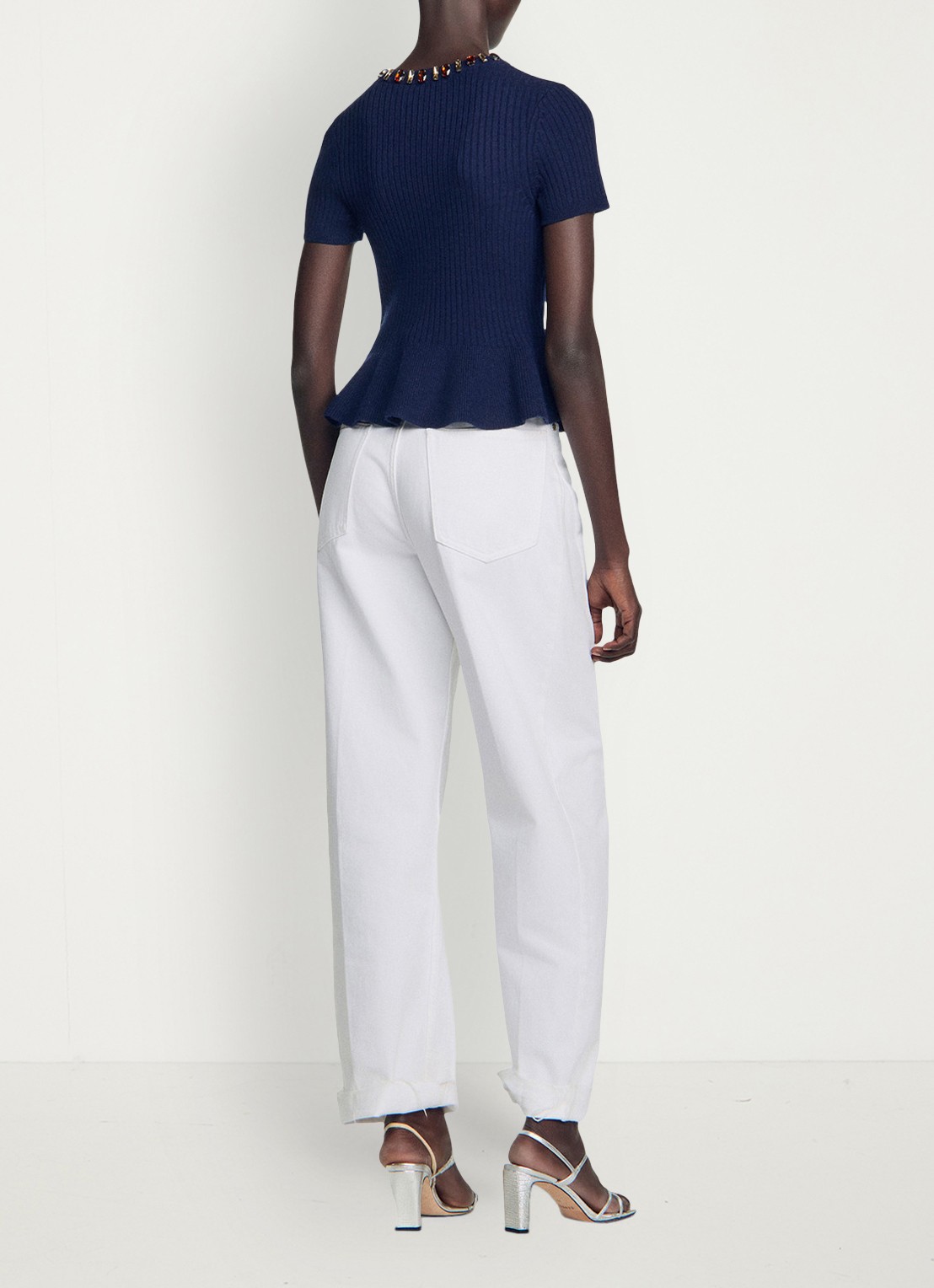 Sandro Ribgebreide trui met peplum - achterkant blauw
