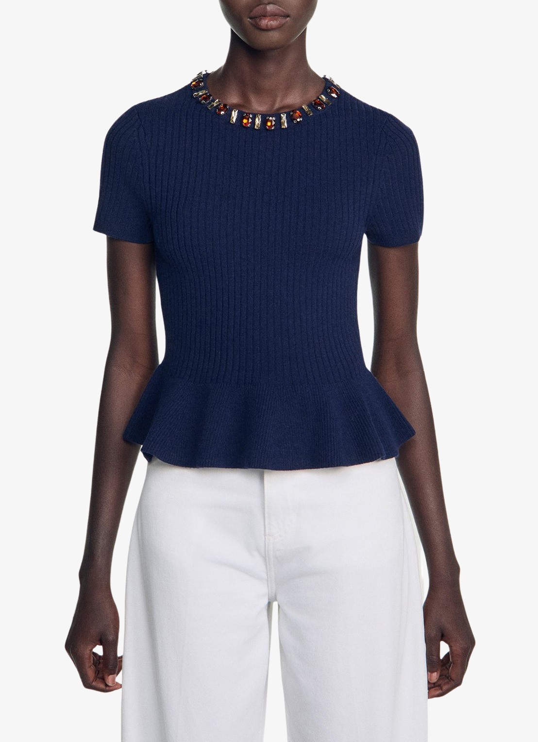 Sandro Ribgebreide trui met peplum - detail 2 blauw
