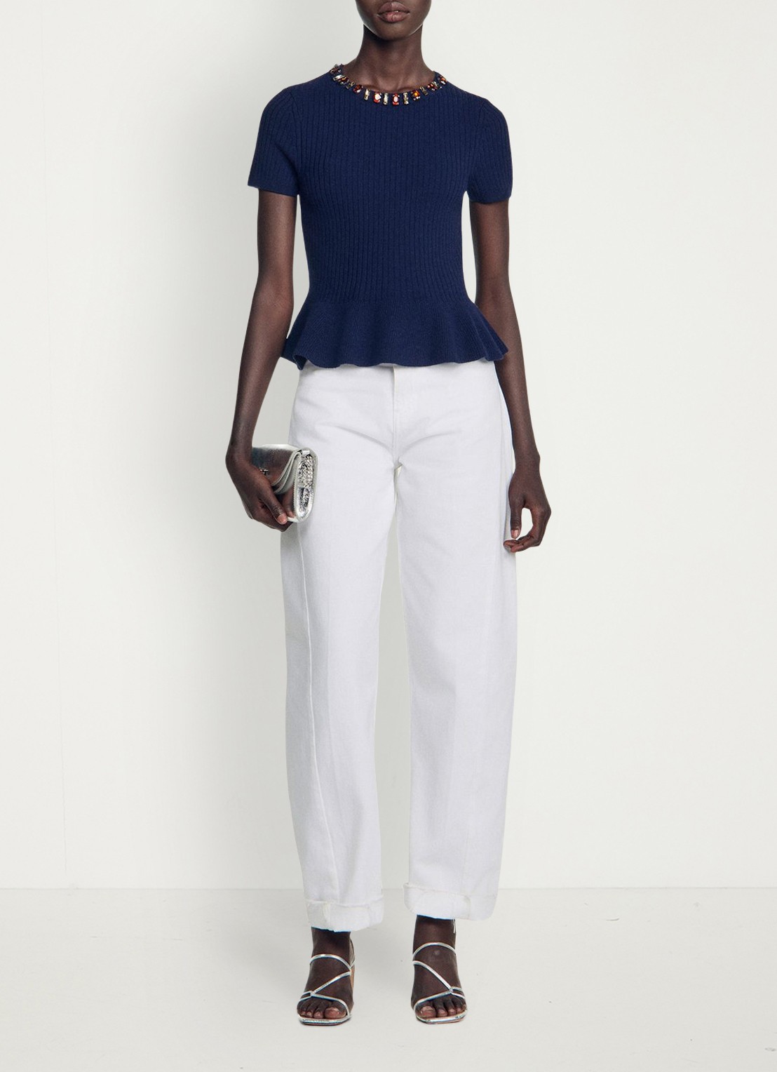 Sandro Ribgebreide trui met peplum - detail 3 blauw
