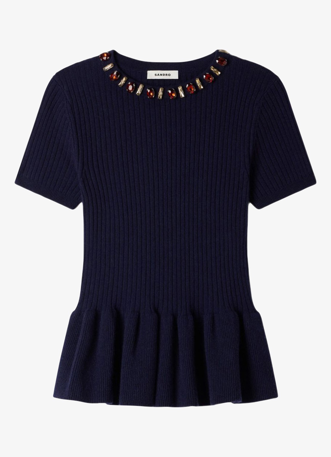 Sandro Ribgebreide trui met peplum - voorkant 5 blauw