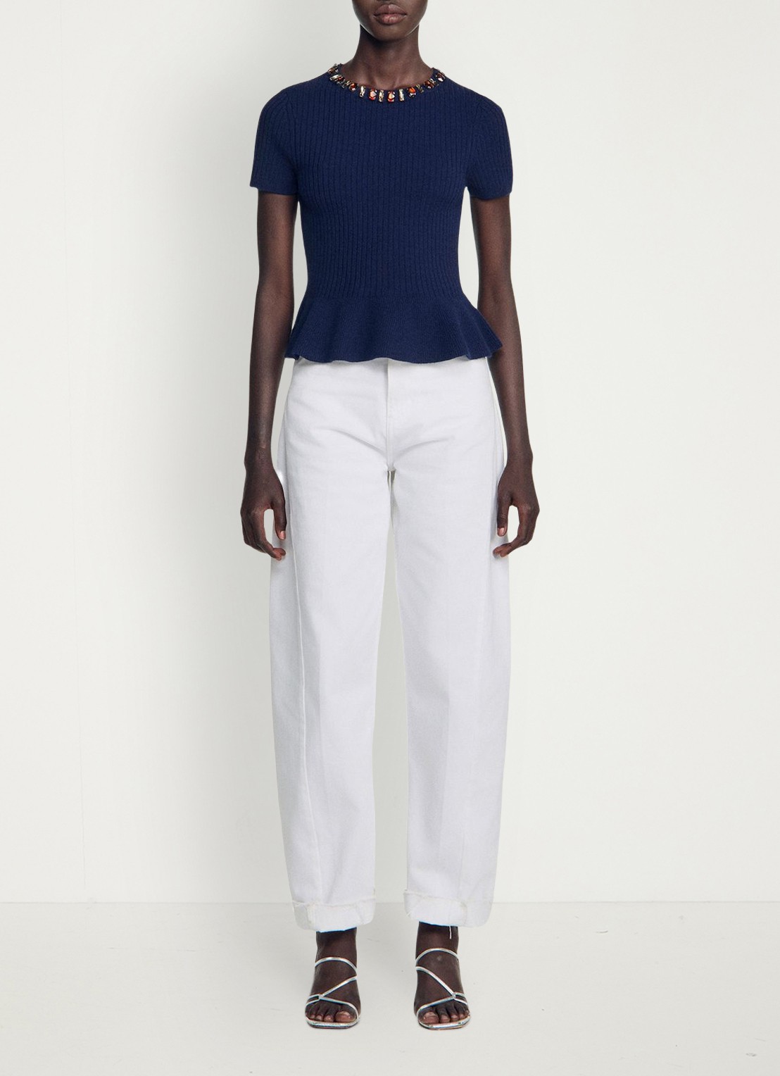 Sandro Ribgebreide trui met peplum - voorkant 6 blauw