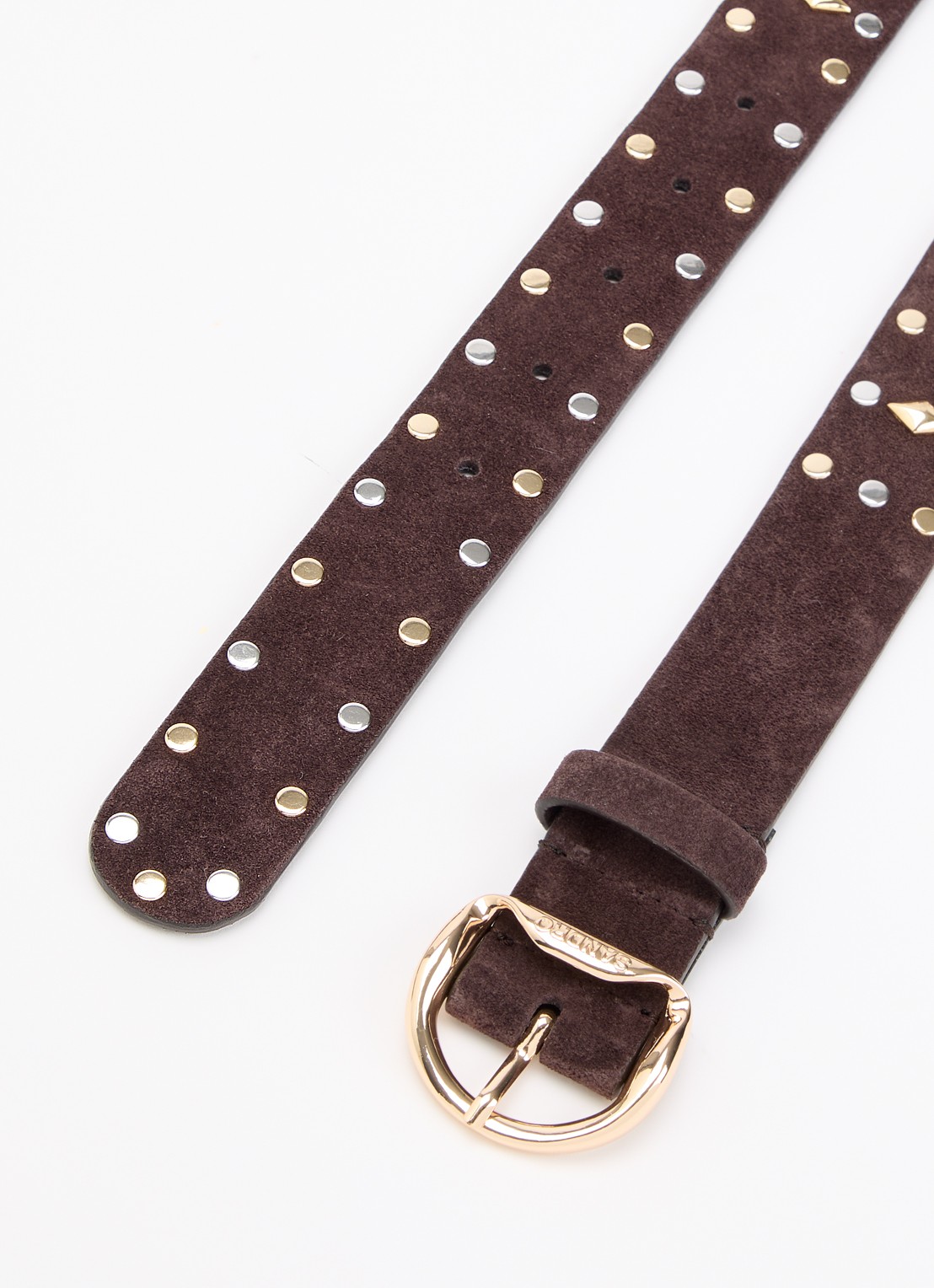 Sandro Riem van suède met studs - detail donkerbruin