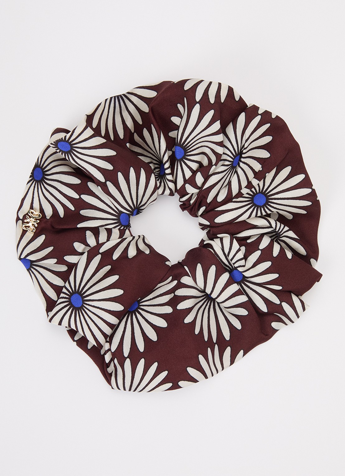 Sandro Scrunchie van zijde met bloemenprint - voorkant donkerbruin