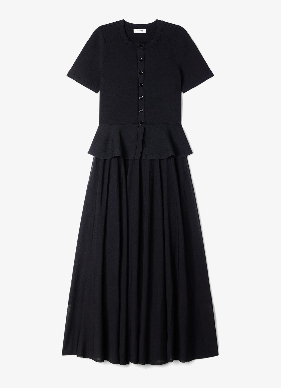 Sandro Semi-transparante midi jurk met peplum - voorkant 5 zwart